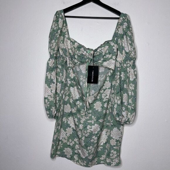 PrettyLittleThing Petite Sage Floral Print Cut Out Mini Dress Size 12 - Picture 4 of 10